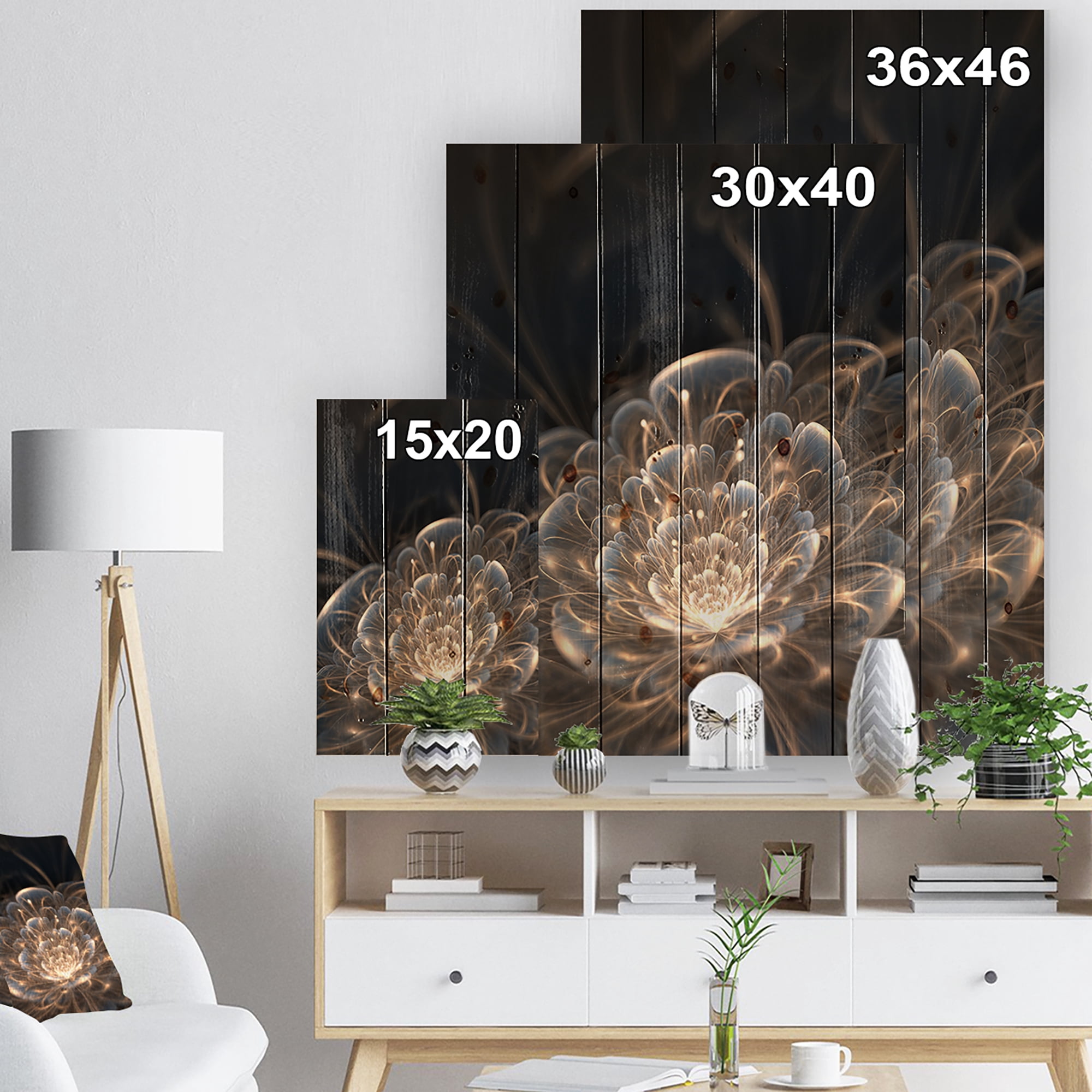 Designart 'Golden Rays With Fractal Flower' Floral Art Print on Natural Pine Wood