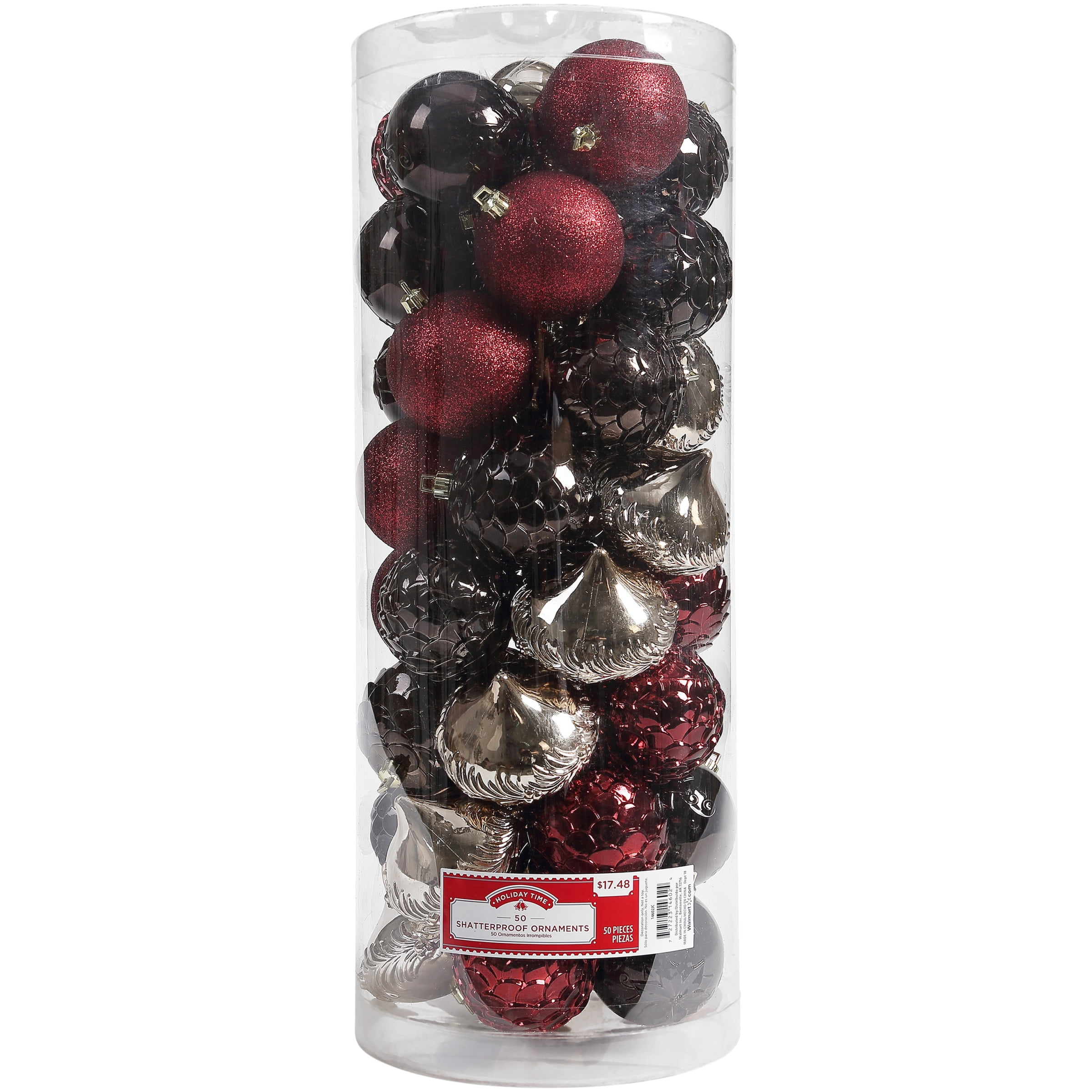 Holiday Time Shatterproof Ornaments, Red, Bronze, & Gold, 50 Count