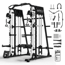 Mikolo Smith Machine, All-in-One Power Rack Cage with Adjustable Cable Crossover, Vertical Leg Press and Smith Bar with 1500 lbs Capacity Barbell Combo