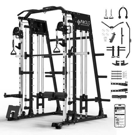 Mikolo M4 Smith Machine Home Gym, 2200 lbs Power Rack Cage with Cable Crossover, Weight Bar, 360° Landmine, Barbell Holders and Other Attachments, Total Body Strength Training Cage
