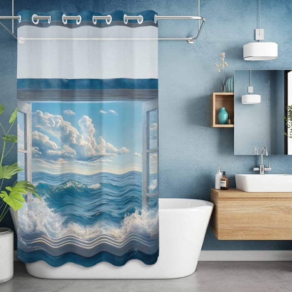 No Hook Shower Curtain with Snap in Liner, Window Blue Sky Sea Wave Nautical Waterproof Bath Curtain Double Layers with See Through Top Window, Coastal Ocean Hotel Shower Curtains 36x72in
