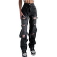 thumbnail image 2 of Sunisery Womens Y2K Ripped Hole Jeans High Waist Straight Wide Leg Baggy Trousers Vintage Denim Pants Streetwear, 2 of 5