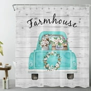 HVEST Farmhouse Shower Curtain for Bathroom Decor, Blue Retro Truck and White Cotton Shower Curtain with Hooks, Grey Rustic Plank Polyester Waterproof Fabric Bath Decor Accessories, 72 X 78 Inches