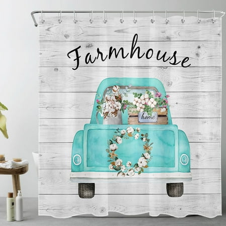 HVEST Farmhouse Shower Curtain for Bathroom Decor, Blue Retro Truck and White Cotton Shower Curtain with Hooks, Grey Rustic Plank Polyester Waterproof Fabric Bath Decor Accessories, 72 X 78 Inches