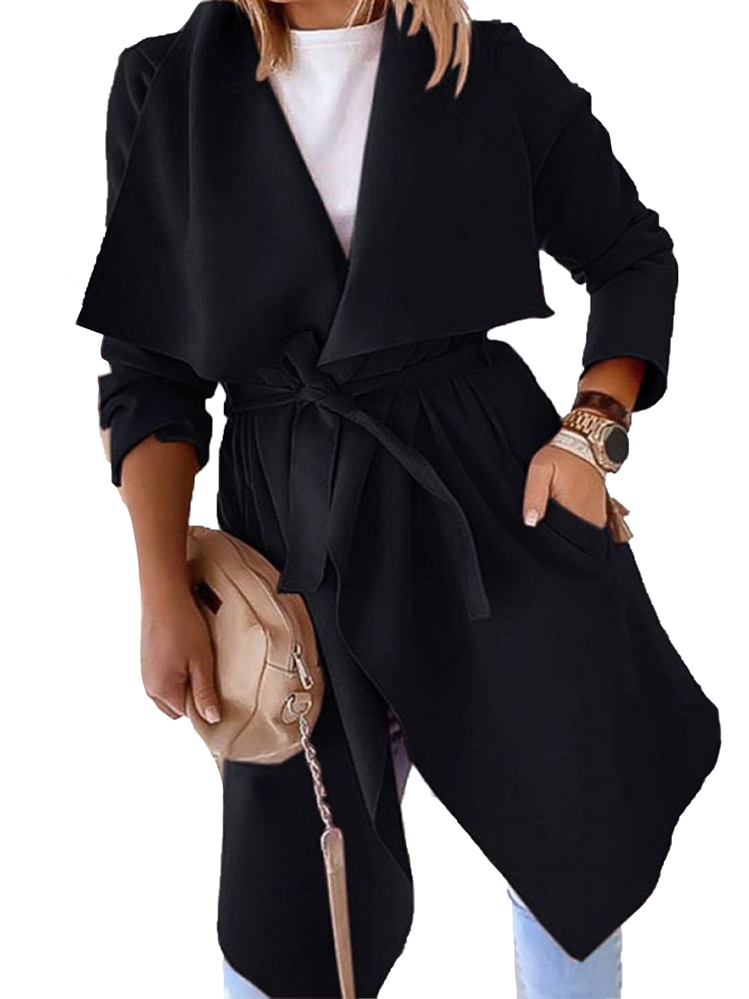 6865 Women Short Coat Dress Turn Down Collar Coat Long Sleeve Belted Asymmetric Hem wrap Coat