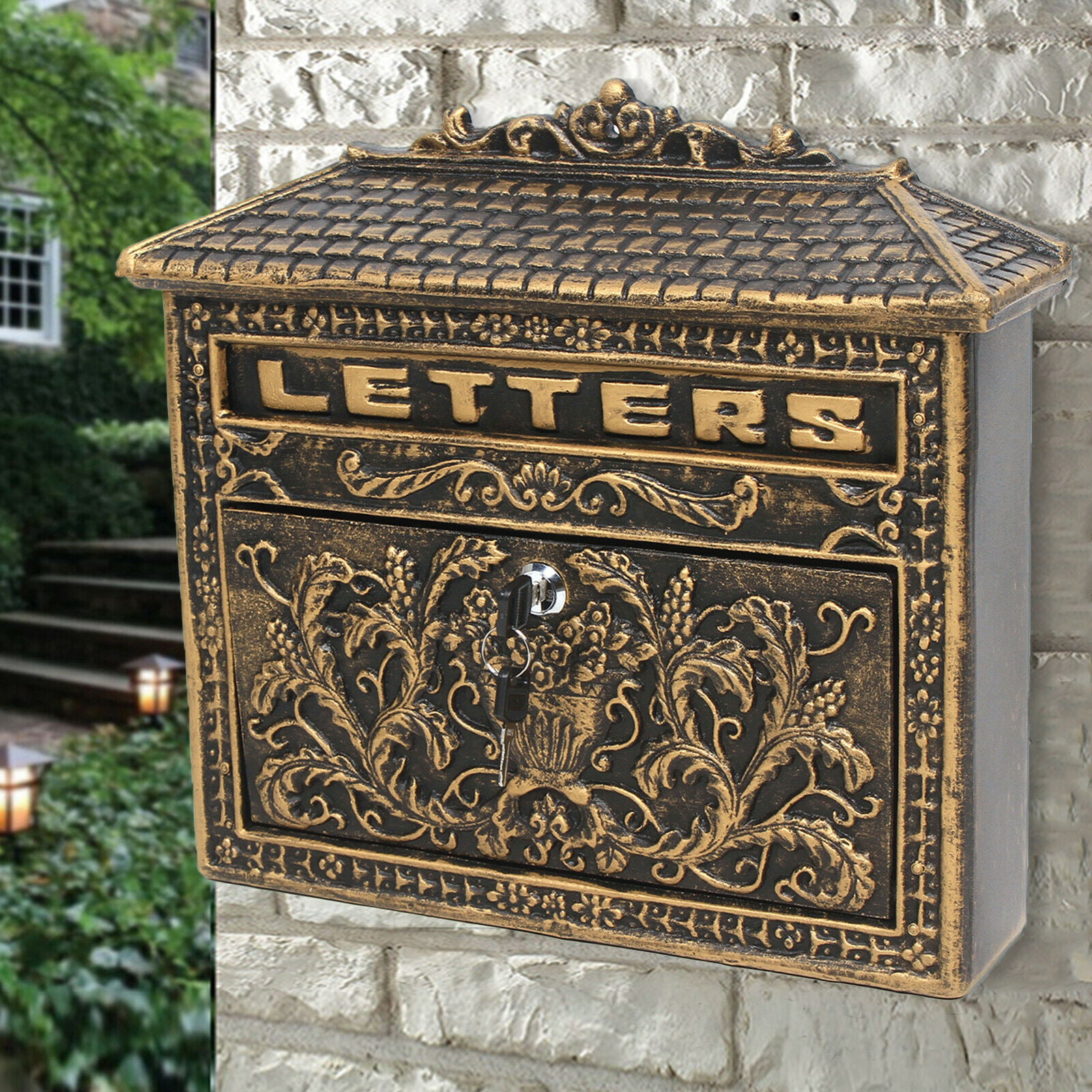 Vintage Retro Cast Aluminum Wall Mount Mailbox Mail Letter Box W/ Lock & Keys 