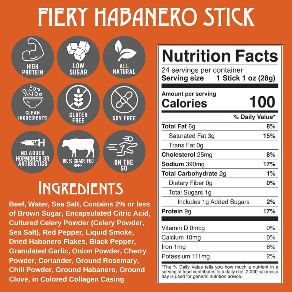Righteous Felon Grass-Fed Meat Sticks - Low Sugar, High Protein Beef - Fiery Habanero, 10 pack