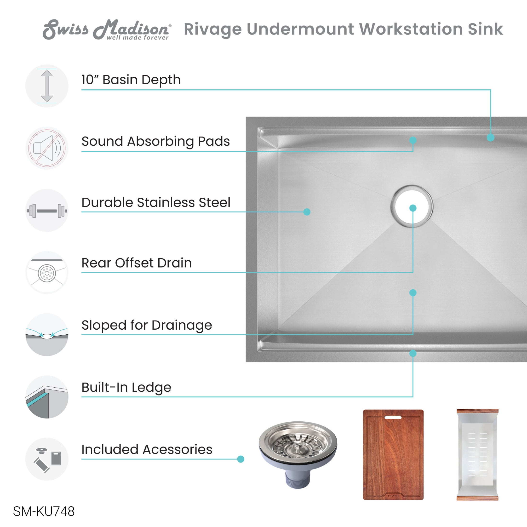Rivage 30 x 19 Single Basin Undermount Kitchen Workstation Sink