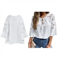 thumbnail image 2 of Blusa Informal de Verano para Mujer, con Mangas 3/4 y Cuello Redondo, de Encaje con Aberturas, Color Liso XXL, 2 of 7