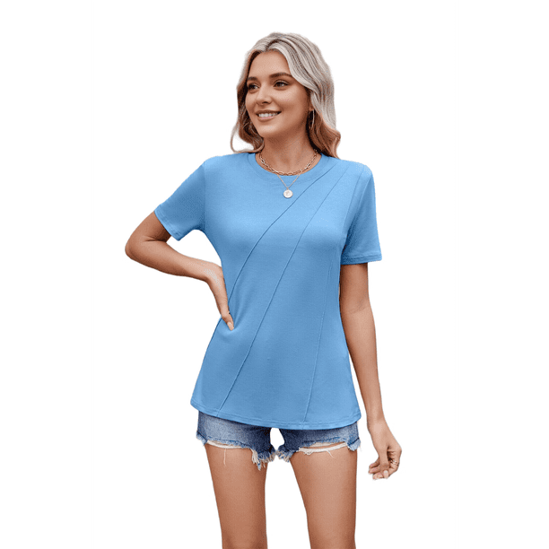 Blusa Informal Holgada de Corta con Cuello Redondo Plisado para Mujer, Color Azul , Talla M