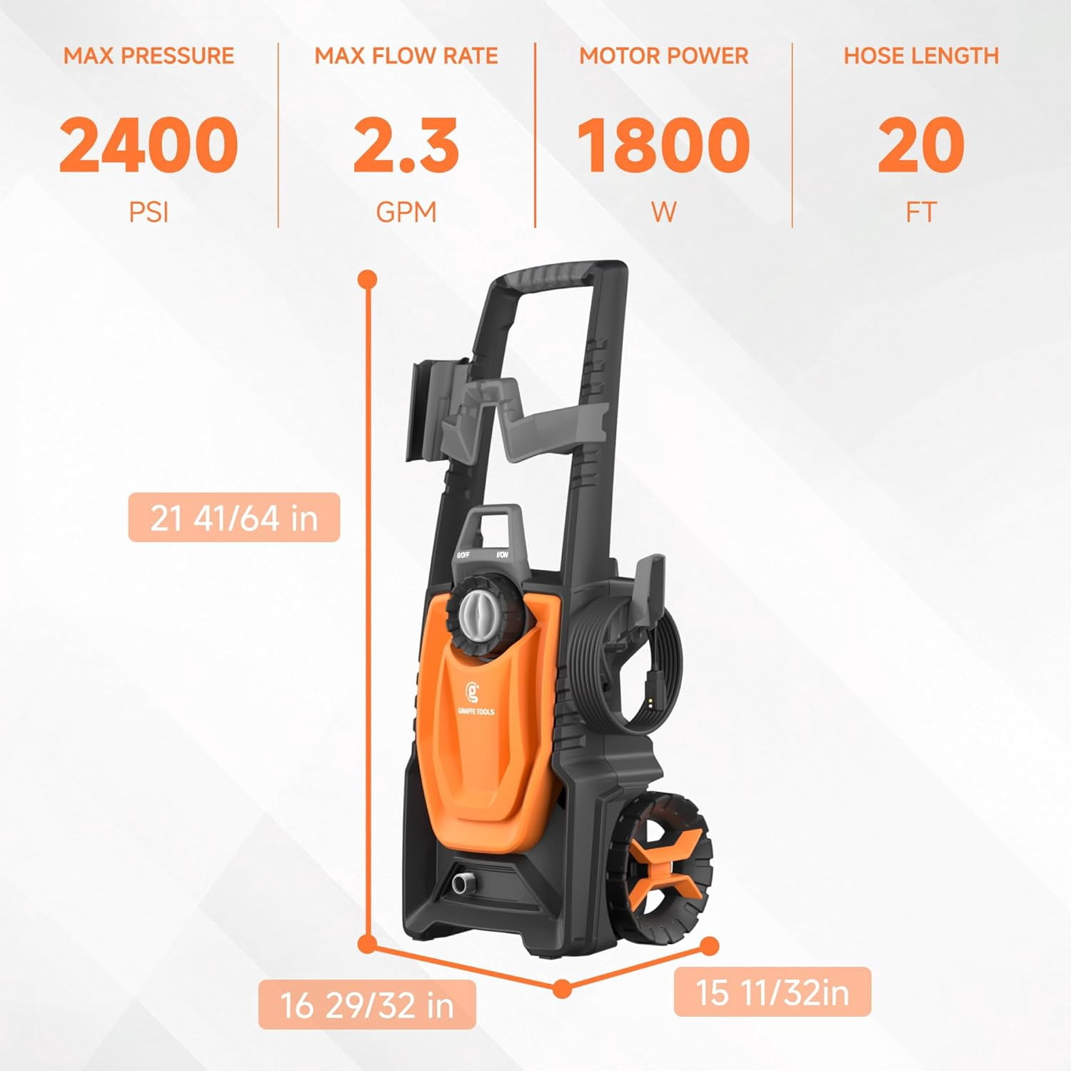 Giraffe Tools Electric High Pressure Washer, Max 2400 PSI, 2.3 GPM Power Washer Portable, 20+32 ft