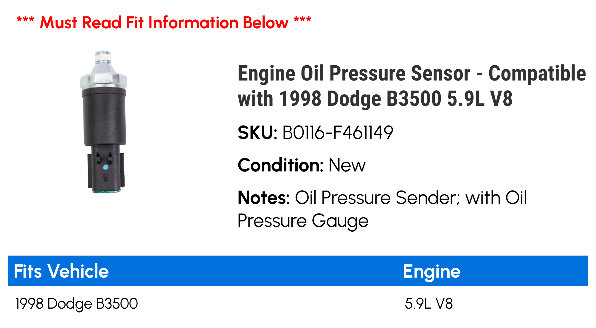 Engine Oil Pressure Sensor - Compatible with 1998 Dodge B3500 5.9L V8
