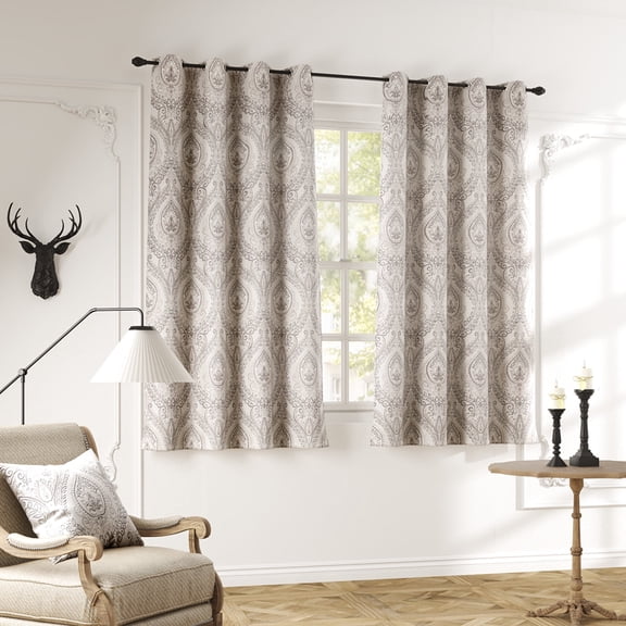 Curtainking Rideaux à Motif Damassé Imprimé pour Chambre et Salon, Texture Lin, Isolés Thermiques, à Oeillets, 2 Panneaux, Longueur 54 Pouces, Gris sur Beige Grisâtre