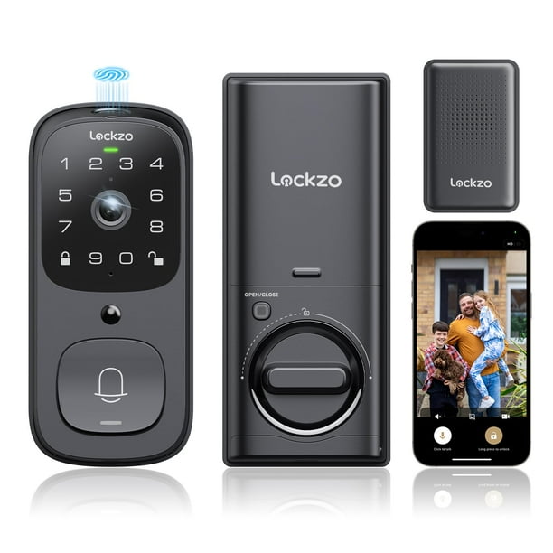 Cerradura inteligente de video con timbre, Cerradura de puerta de entrada sin llave 6 en 1, Cerradura de cerrojo con cámara WiFi incorporada para puerta principal, huella digital, código de teclado, c