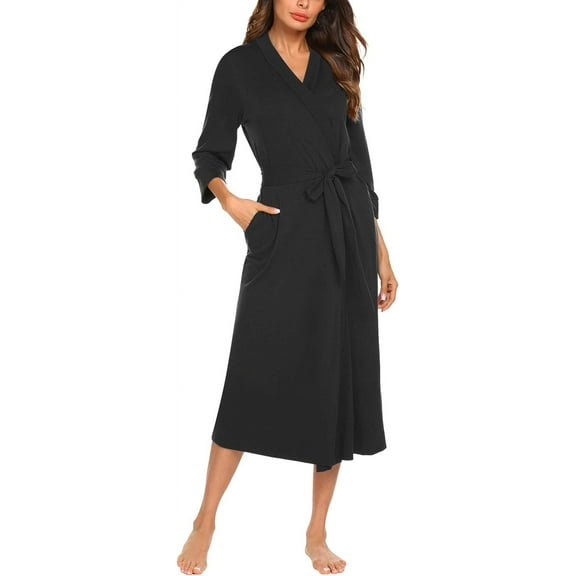 Womens Robe, Soft Kimono Spa Knit Long Bathrobe Lightweight Loungewear with Attached belt