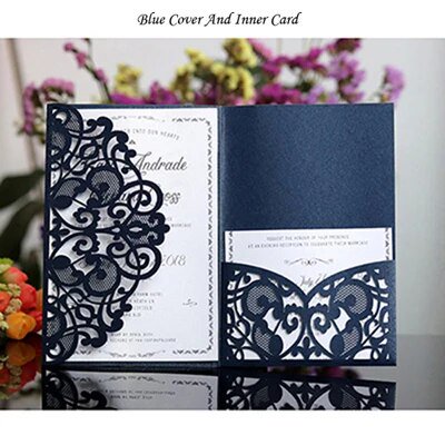 Tarjeta de invitación de boda cortada con láser, tarjeta de felicitación, negocios personalizados con tarjeta RSVP, suministros de fiesta, Azul, Blanco, elegante, hueco, 50 piezas