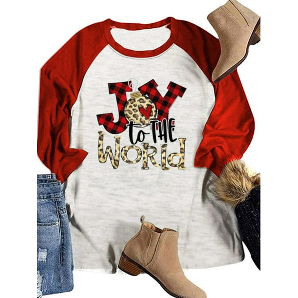 Worallymy Mujeres 3/4 Manga Letra JOY TO the WORLD Feliz Navidad Gráficos nostálgicos Camisetas de Navidad Worallymy JD735800714