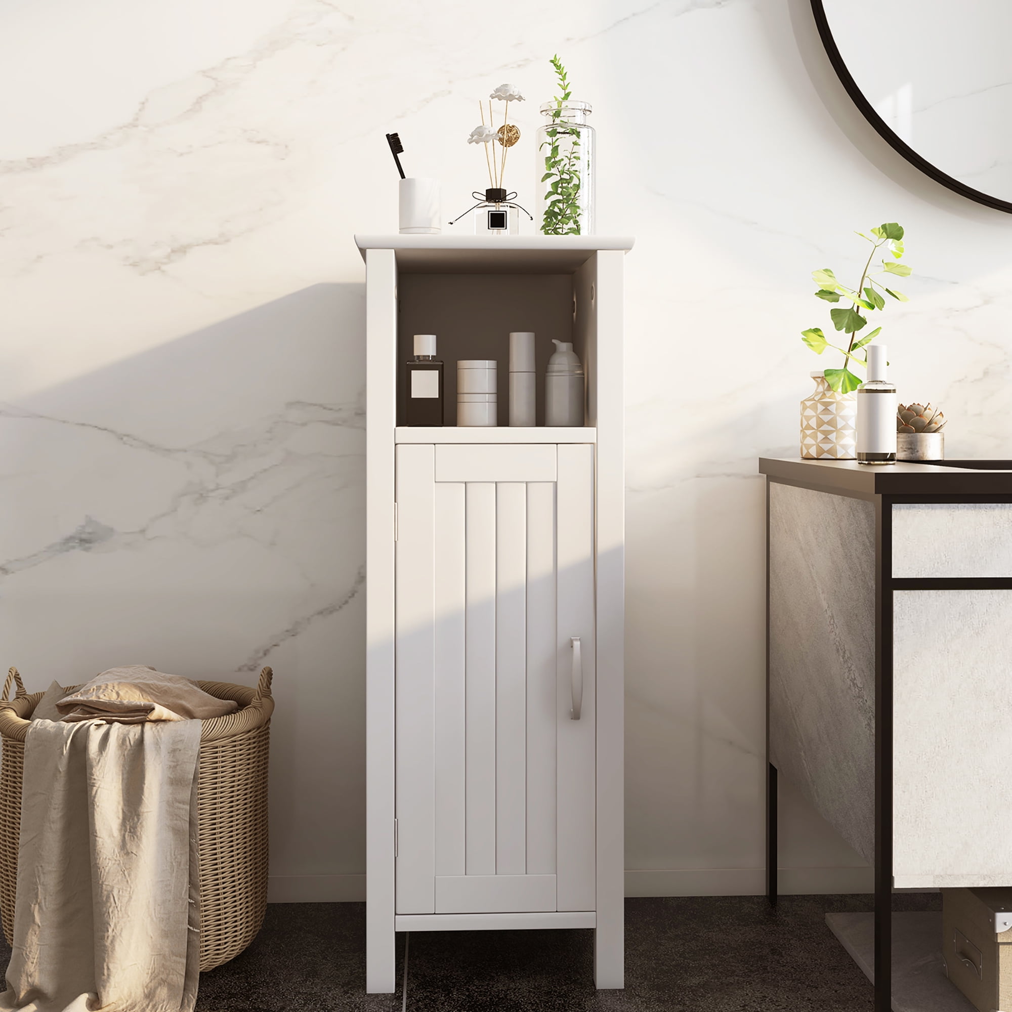 Gymax Bathroom Floor Storage Cabinet Free Standing w/ Single Door Adjustable Shelf