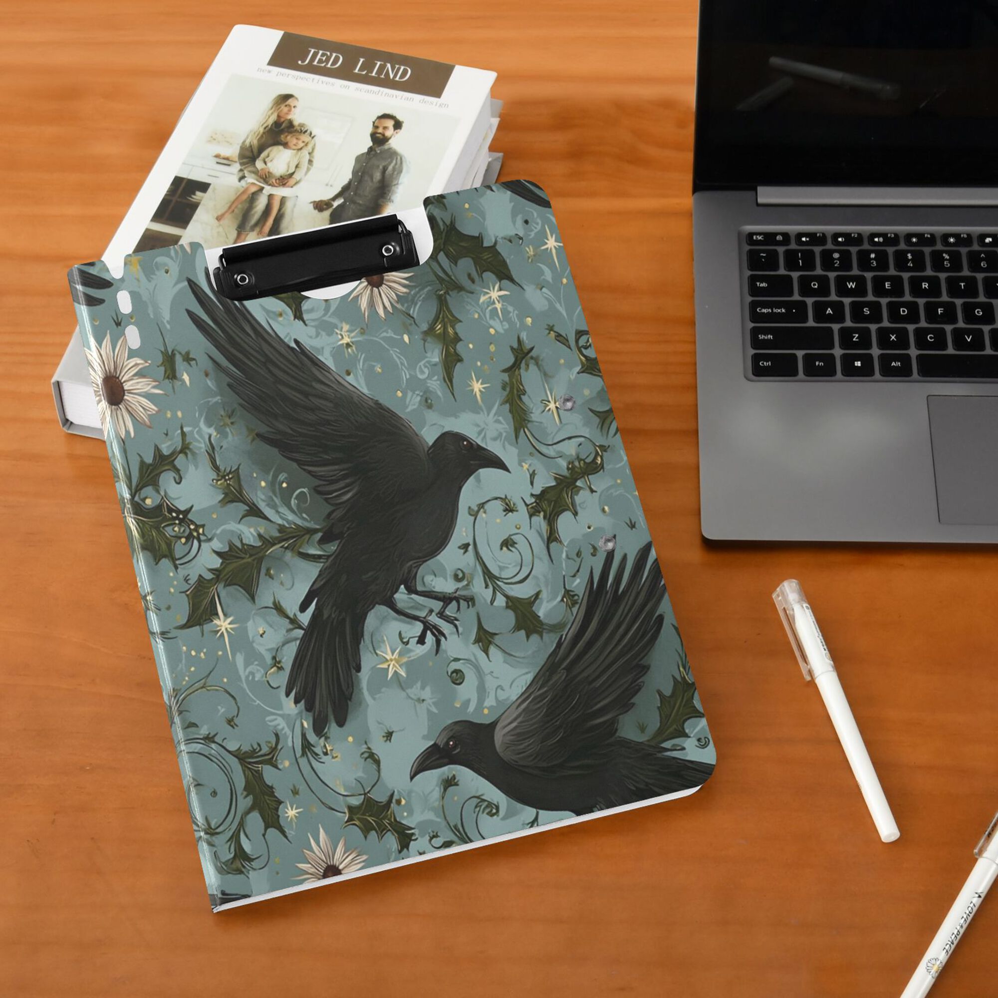FORMRS A4 Clipboard Folder with Pen Holder Horizontal Foldable School Office Binder, Mystic Crows Pattern