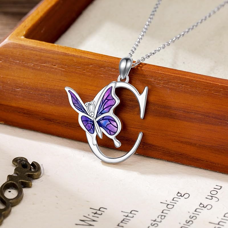 AOBOCO Initial Necklace for Women 925 Sterling Silver Purple Butterfly with A-Z 26 Letters Pendant Necklace for Graduation Gifts