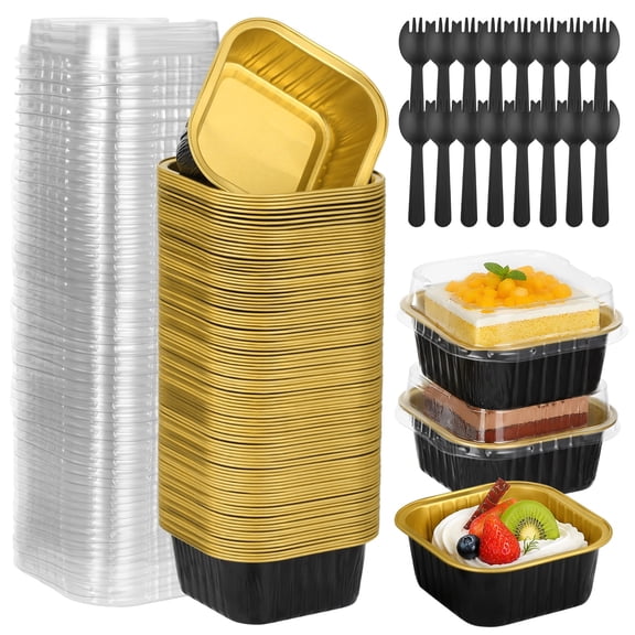 100 Sets Mini Cake Baking Cups with Lids and Spoons, 150ml Reusable Aluminum Foil Mini Square Pans, Baking Trays for Wedding Birthday Picnic Party Bread Dessert Serving, Black and Gold