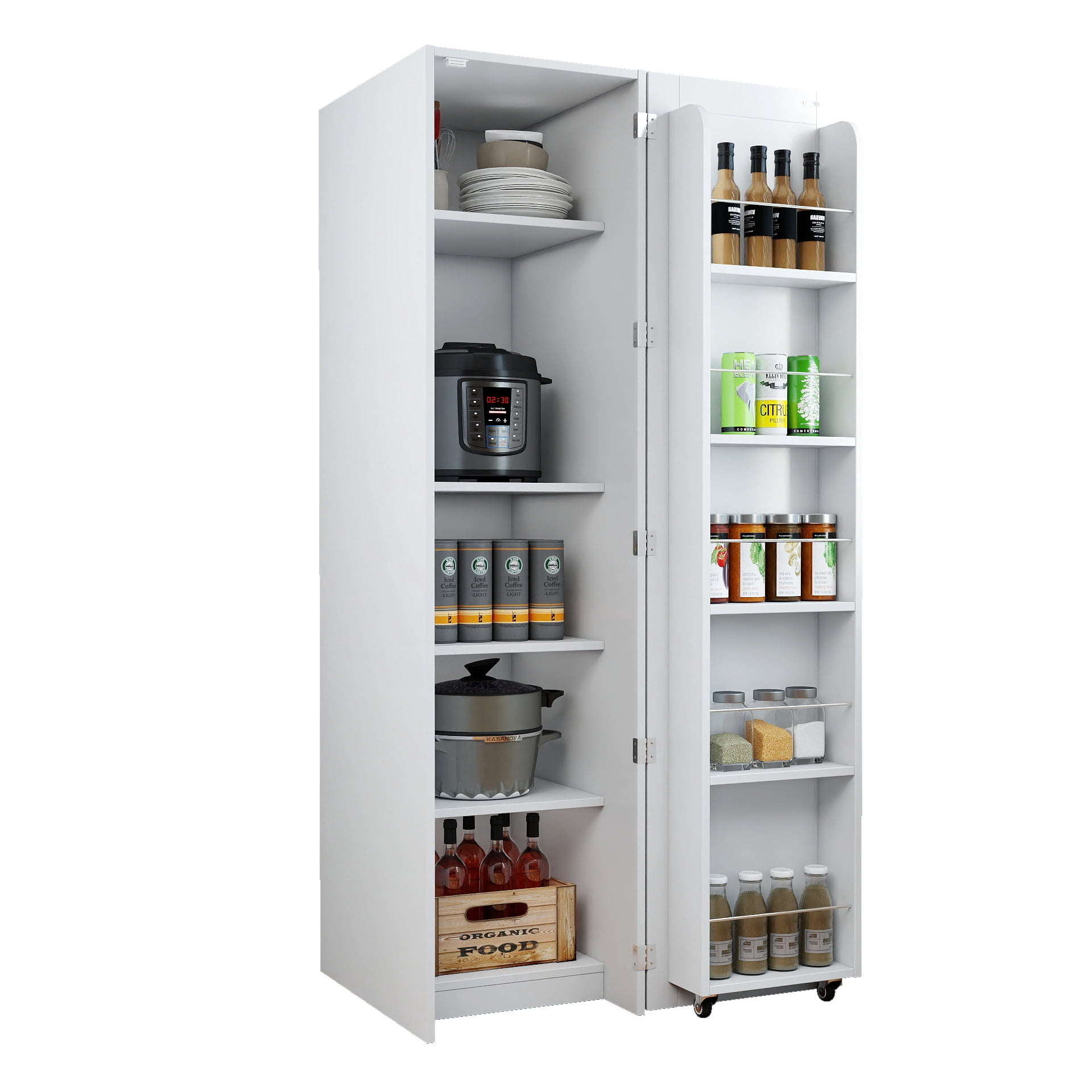 Kitchen Pantry Cabinet Freestanding Buffet Cupboard with Adjustable Shelves Side Racks, White