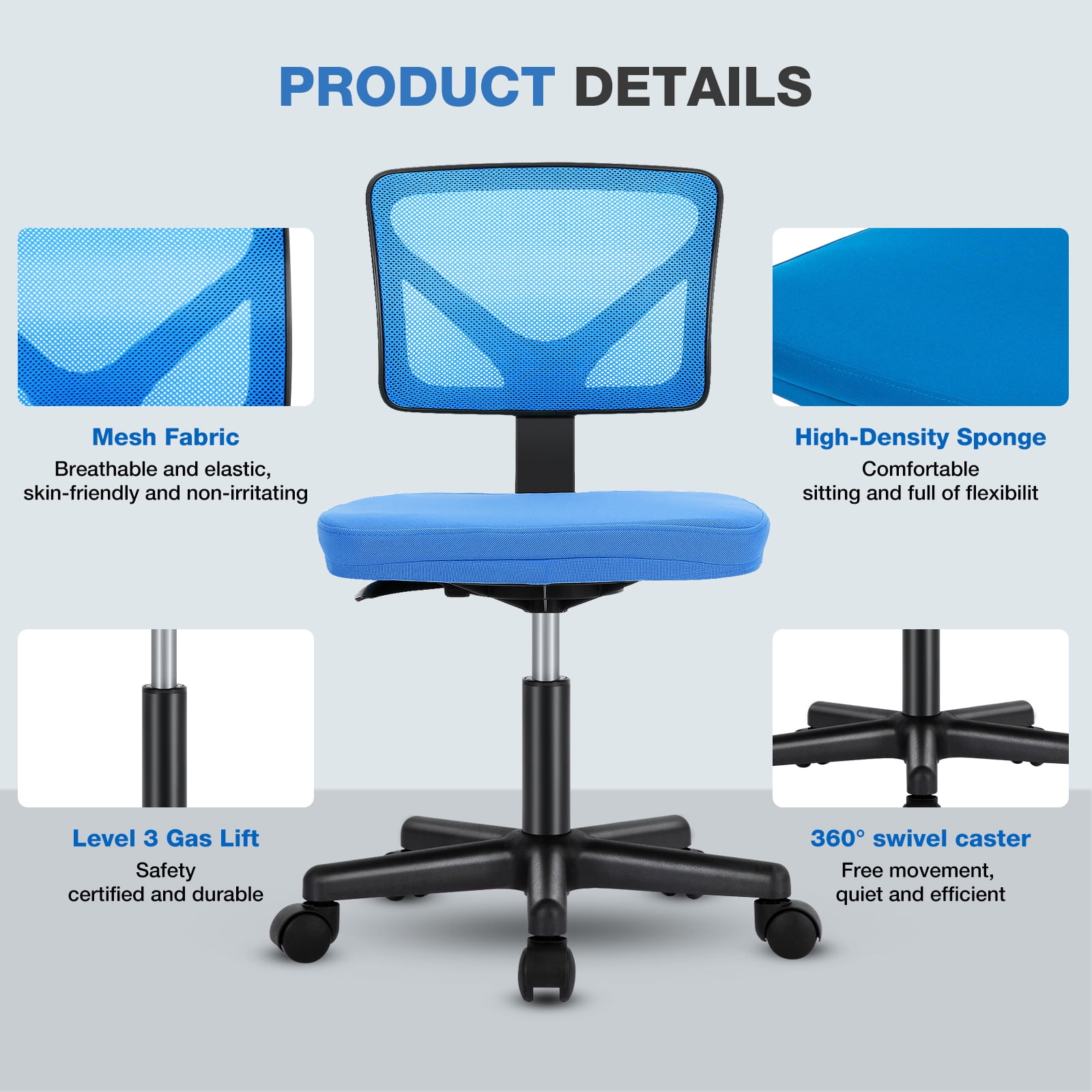 GIANNA Swivel Computer Office Mesh Desk Chair Armless Small Desk Chair Adjustable Black Computer Task Chair No Armrest Mid Back Home Office Chair for Small Spaces
