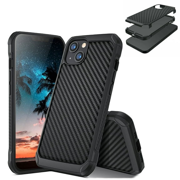 For iPhone 14 Pro Max Plus Carbon Fiber Hard Case with Tempered Glass Screen Protector, Anti-Scratch, Water-Resistant
