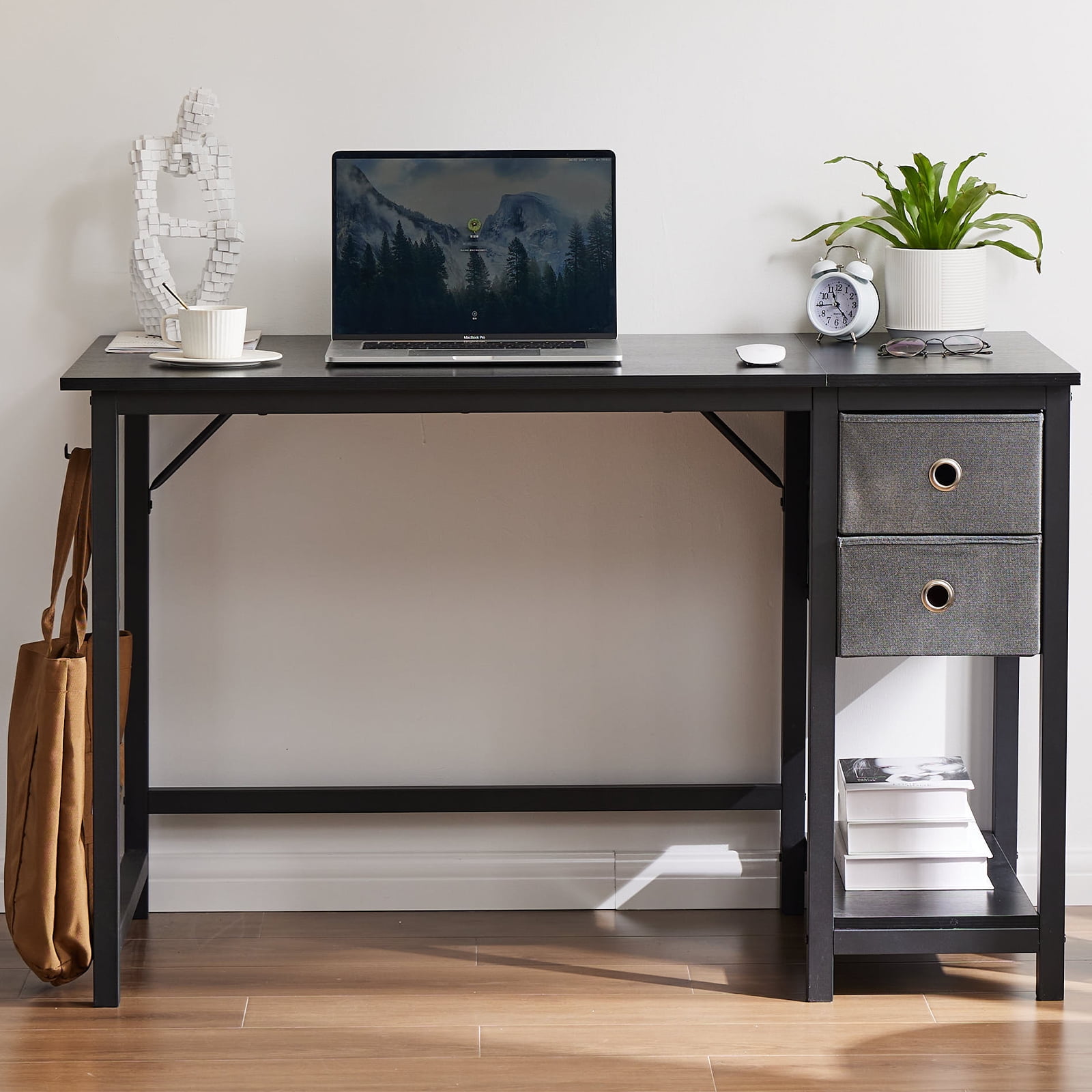 GIANNA 48 Inch Computer Desk, With 2-Tier Drawers Storage Shelf, Side Headphone Hook, Black