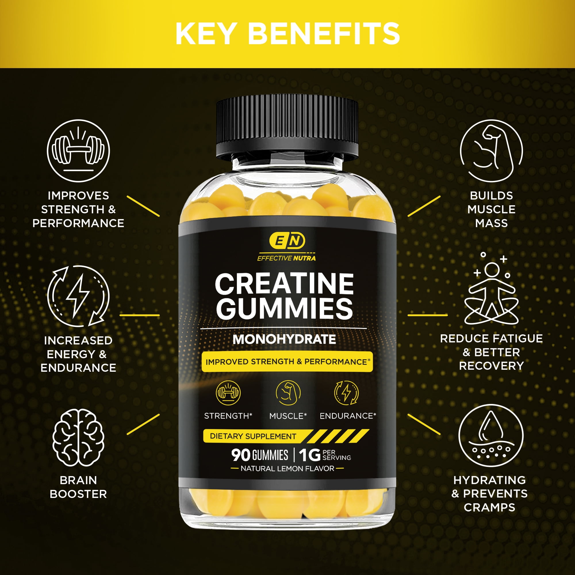 Effective Nutra Creatine Gummies for Men & Women - Creatine Monohydrate Gummies for Strength, Muscle, Energy - Natural Lemon Flavor (90ct)