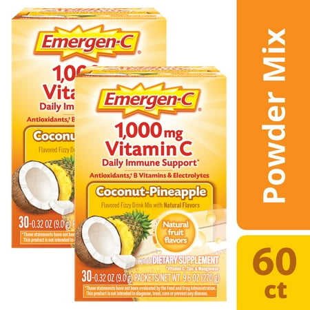 (2 Pack) Emergen-C (30 Count, Coconut Pinapple Flavor) Dietary Supplement Fizzy Drink Mix With 1000mg Vitamin C, 0.32 Ounce Packets, Caffeine