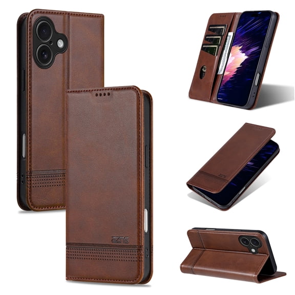 ELEHOLD For iPhone 17 Flip Wallet Case with Card Slot, Soft PU Leather Kickstand Shockproof Protective Cover, Brown