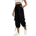 thumbnail image 3 of Tianiyouqing Cargo Capri for Women Breathable Bermuda Wide Leg Elastic Waist High Waisted Fall Cropped Trousers Quick Dry with 4 Pockets Drawstring Pull on Joggers Pants Black XXL, 3 of 9