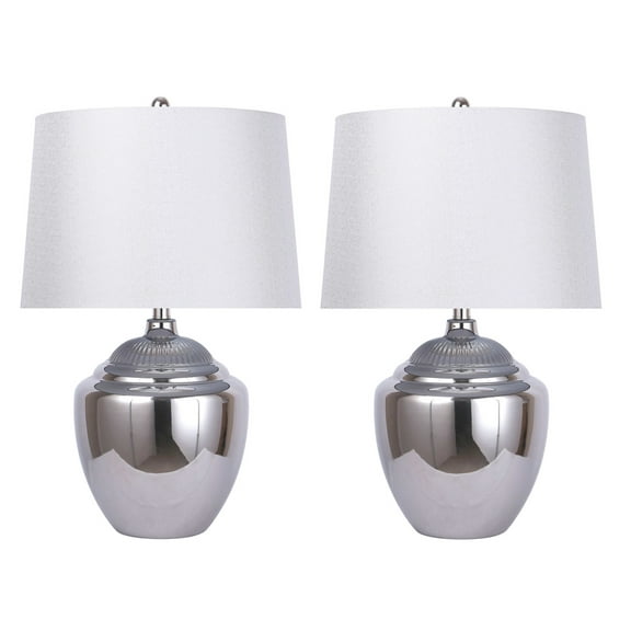25" Chrome Ceramic Table Lamp w/ Sparkly White Empire Shade (Set of 2)