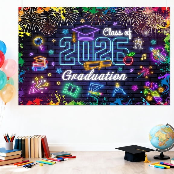 Neon Graduation Class of 2026 Backdrop Congratulations Graduates Background Graffiti Bachelor Cap Colorful Congrats Grad Party Decorations Banner Supplies Photo Booth Props