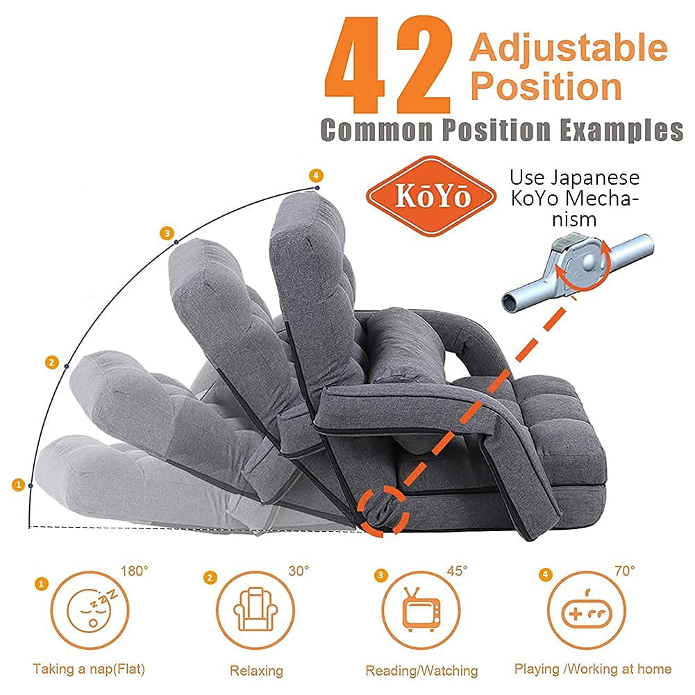 14-Position Adjustable Floor Chair, Chaise Lounge Indoor, Folding Lazy Sofa with Armrests and a Pillow Padded Adults Gaming Chairs for Living Room, Bedroom