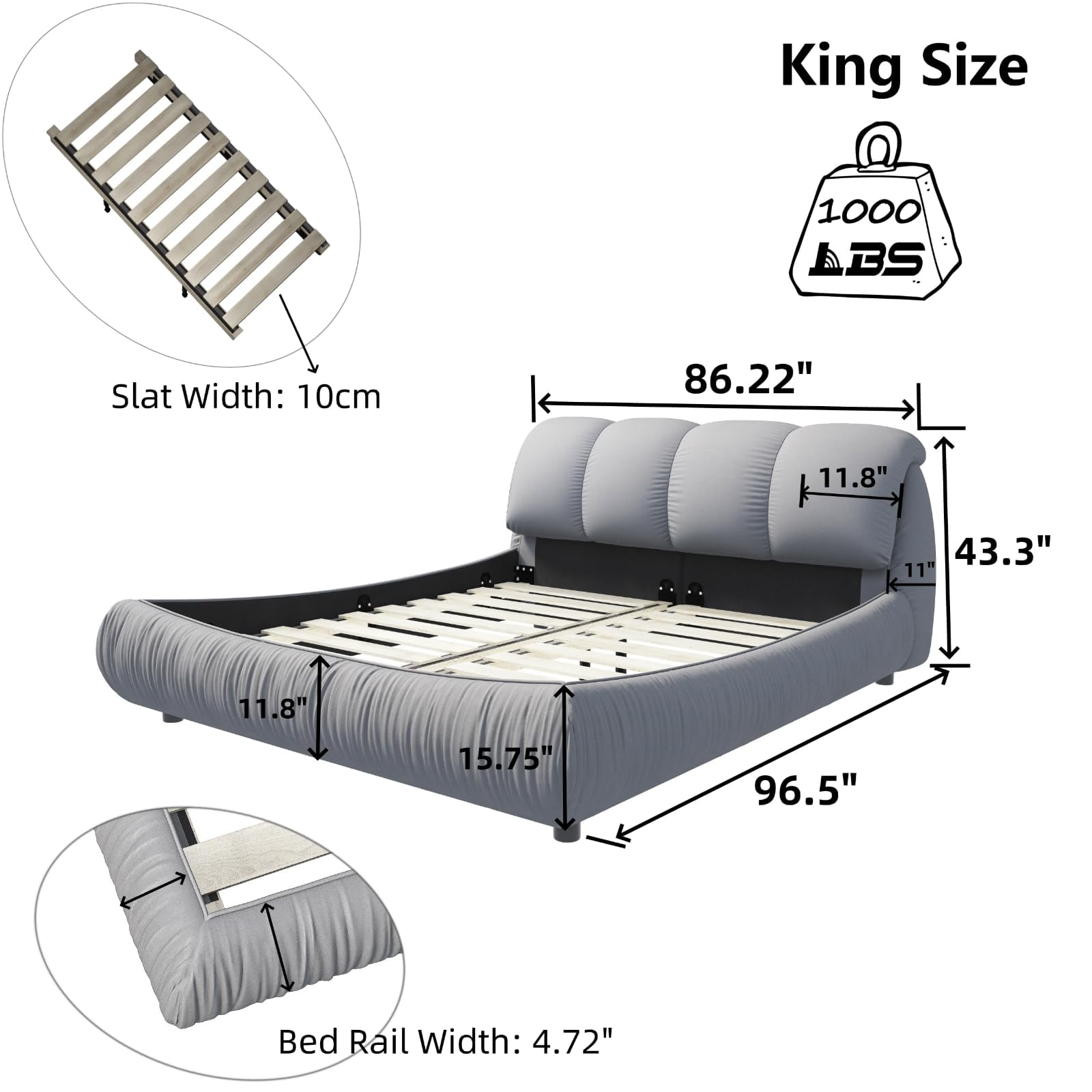 King Bed Frame And Headboard,Upholstered Platform Bed With Oversized Padded Backrest And Solid Wood Bed Frame For Bedroom,Apartment Room,Gray