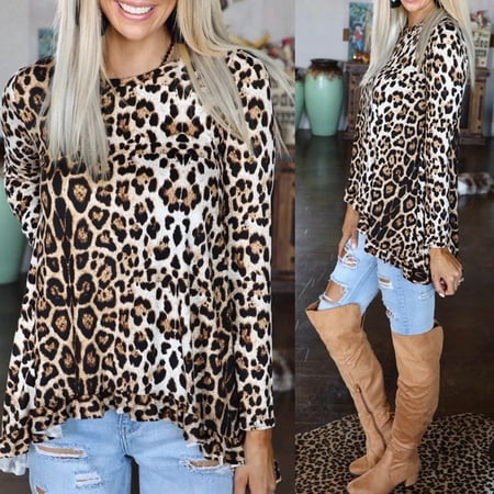 

Taluosi Women Long Sleeve O Neck Leopard Print Blouse Top Ruffle High Low Hem T-shirt