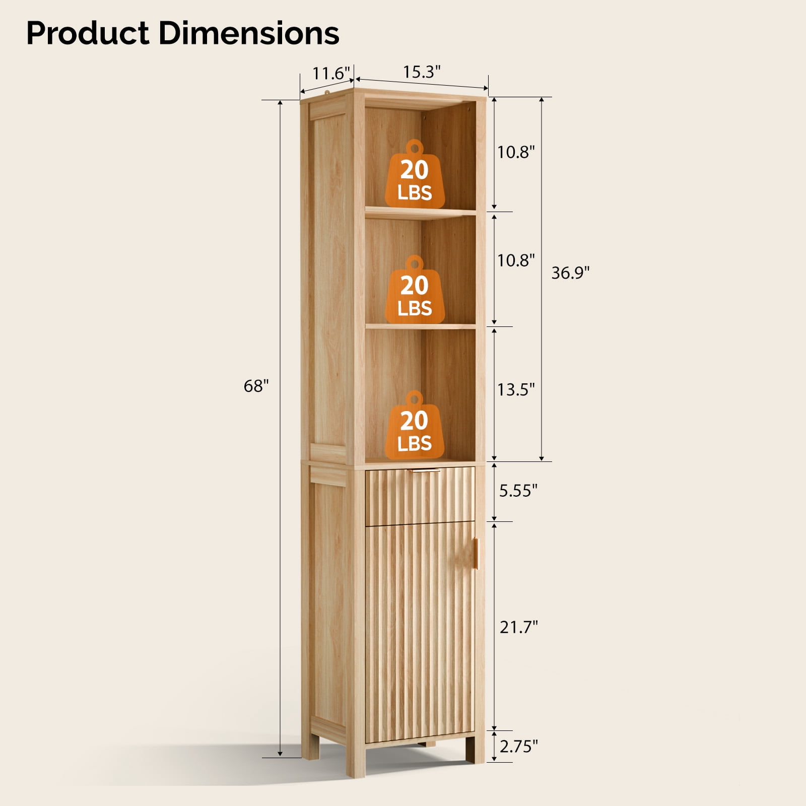 Ktaxon Fluted Bathroom Storage Cabinet Narrow Tall, Freestanding Cabinet Storage Tower with Grille Single Door and One Drawer, Oak