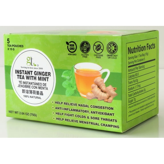 GT Instant Ginger Tea With Mint, 2.64 Ounce Box (5 Tea Pouches)