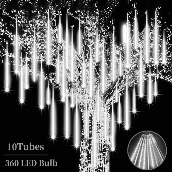 High Brightness 10 Tube 360 LED 12 Inch Meteor Shower Rain Lights Cascading Falling Rain Outdoor Lights for Christmas Roof Eaves Tree Decoration Icicle Raindrop
