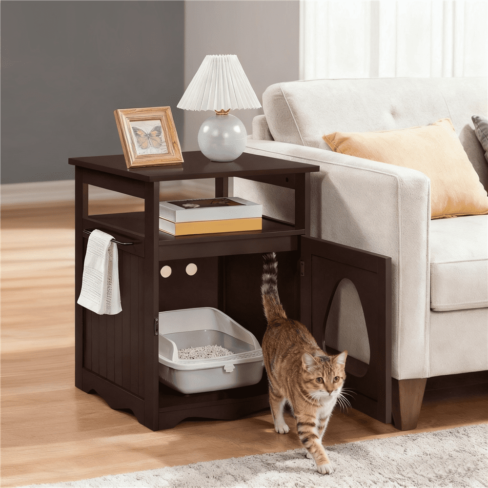 Yaheetech Indoor Wooden Cat Litter Box Enclosure with Open Shelf, Espresso
