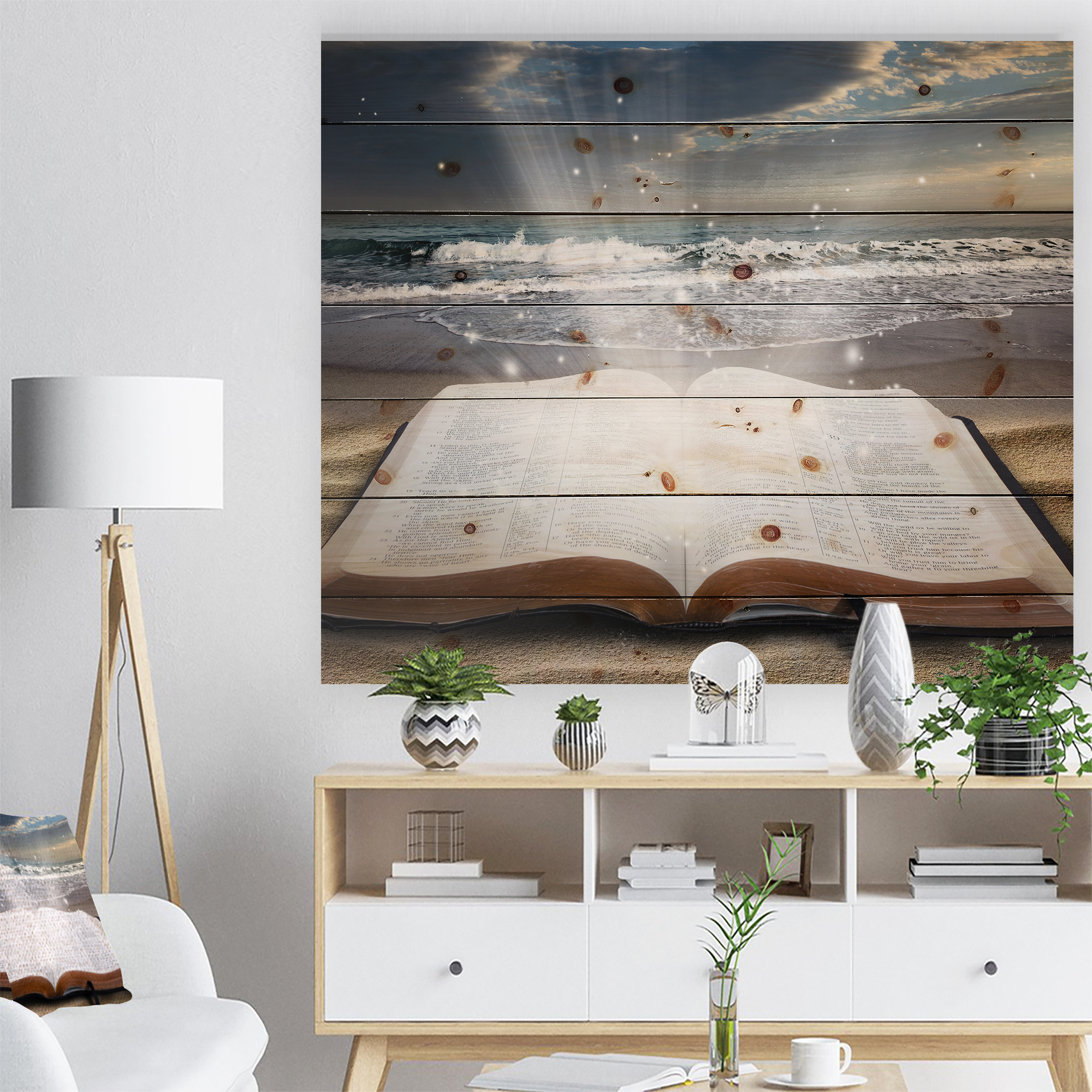 Designart 'Jesus Bible at beach' Religious Art Print on Natural Pine Wood