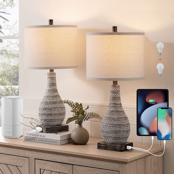 Kyrid 24'' Farmhouse Table Lamps Set with USB & NightLight, 3-Way Touch Control Table Lamps Set of 2 for Living Room (Bulbs Included)