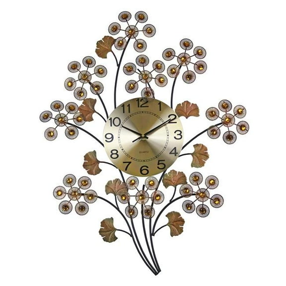 HomeRoots 626545 22 in. Copper Metal & Faux Crystal Silent Analog Gingko Floral Wall Clock