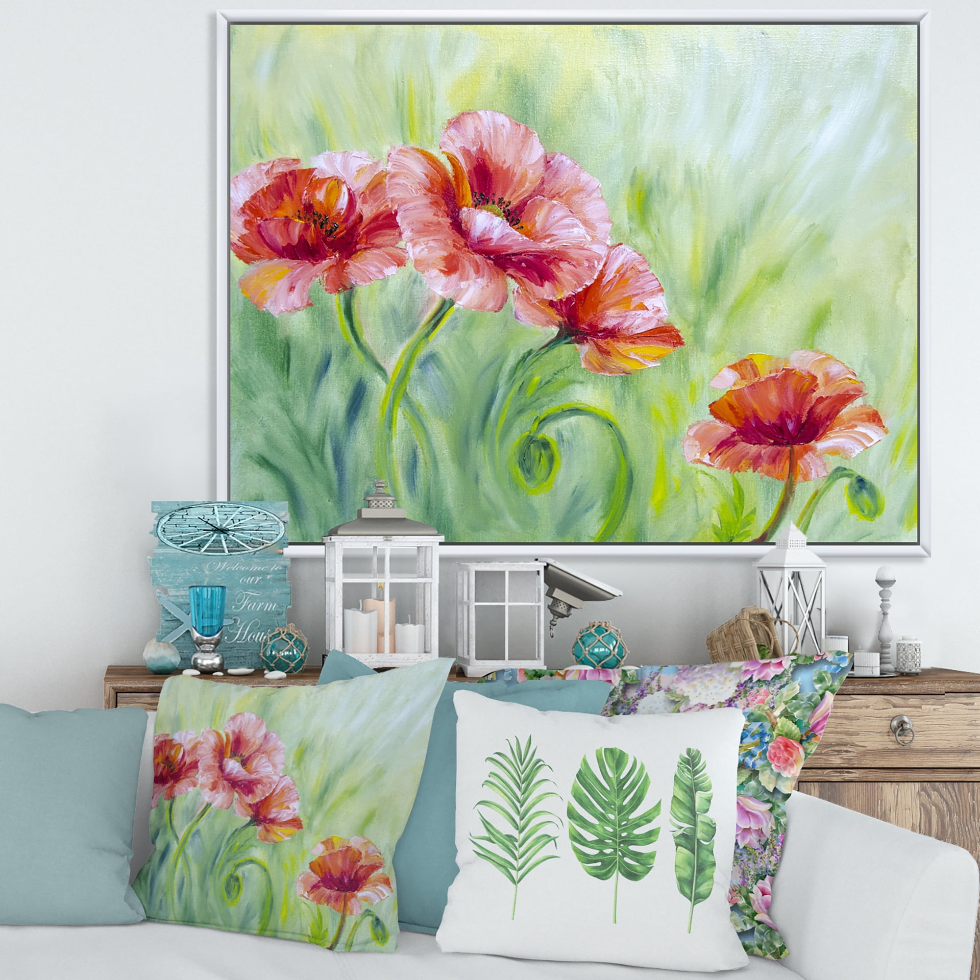 Designart 'Red Blossoming Poppies Over Wild Green II' Traditional Framed Canvas Wall Art Print