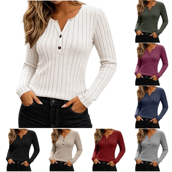 yillto Womens Long Sleeve Ribbed Tops Dressy Tunics V Neck Button Fashion Business Slim Lightweight Sweater