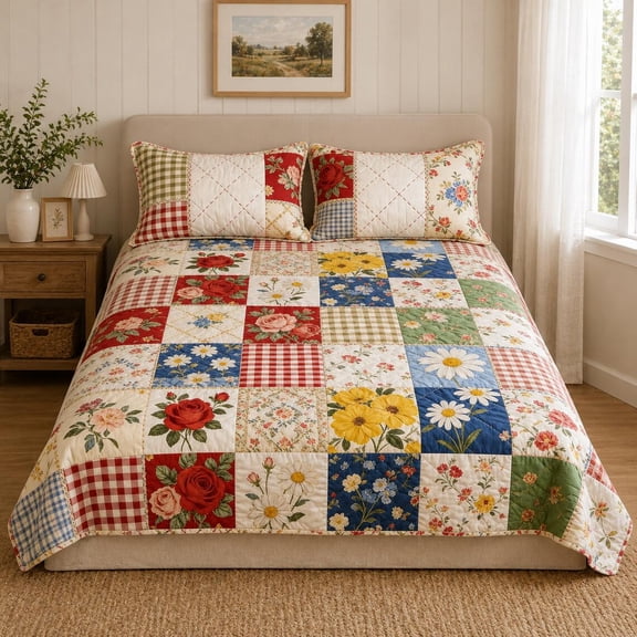 Floral Patchwork Quilted 3-Piece Bedding Set, Rose Daisy Quilt