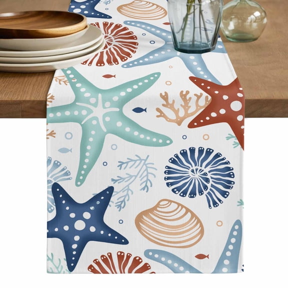 Teal Blue Brown Starfish Coastal Table Runner, Summer Beach Nautical Coral Sea Cotton Linen Table Runners 90 Inches Long, Dresser Scarf Runner for Dining/Coffee/Kitchen/Hallway Tables 13''x90''