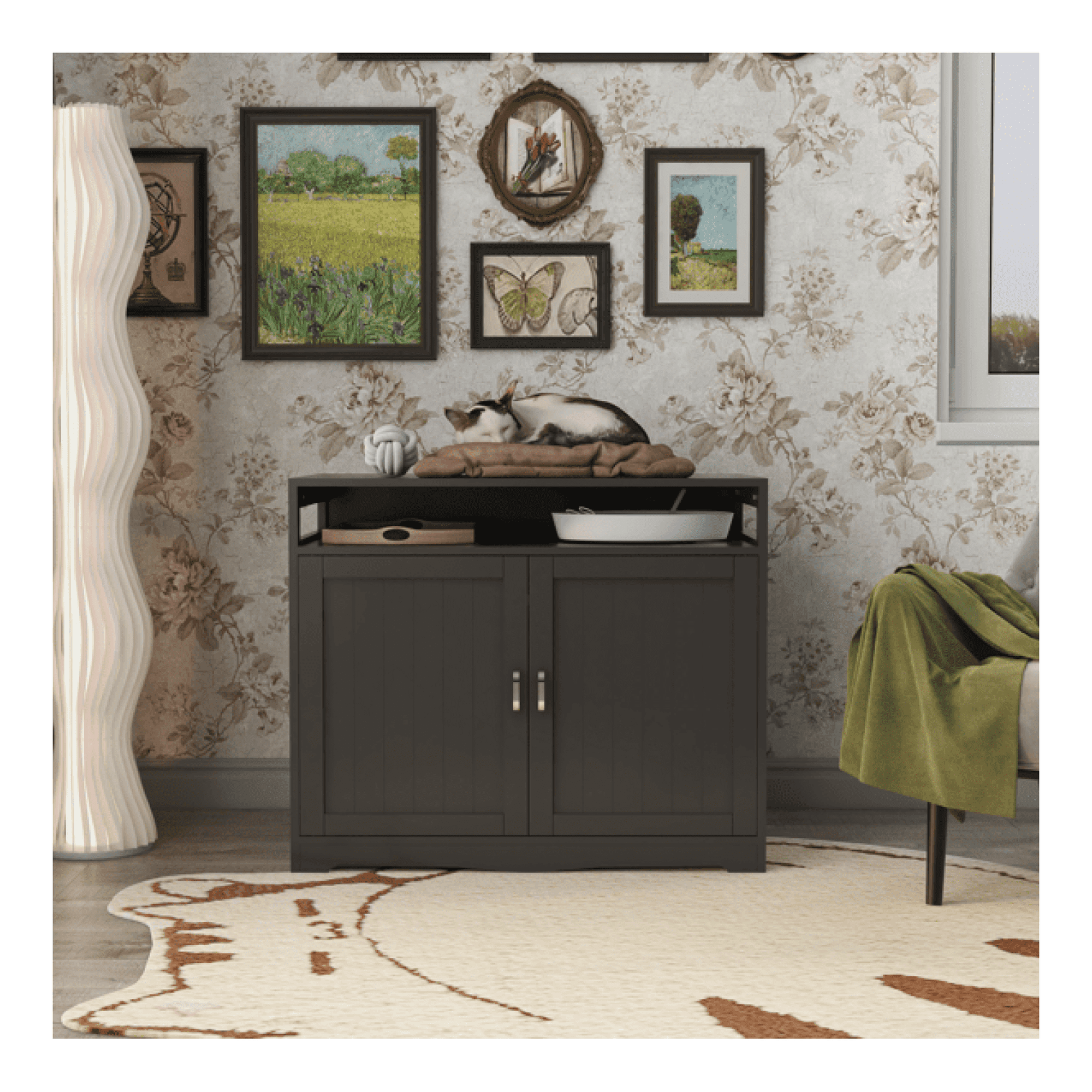 Cat Litter Box Enclosure Furniture Espresso Wood Cat Washroom with 2 Doors & Plug - Large Indoor Litter Box House Side Table Storage